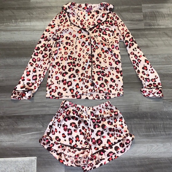 Adore Me Other - Pink Satin Cheetah Print Long Sleeve Pajama Set